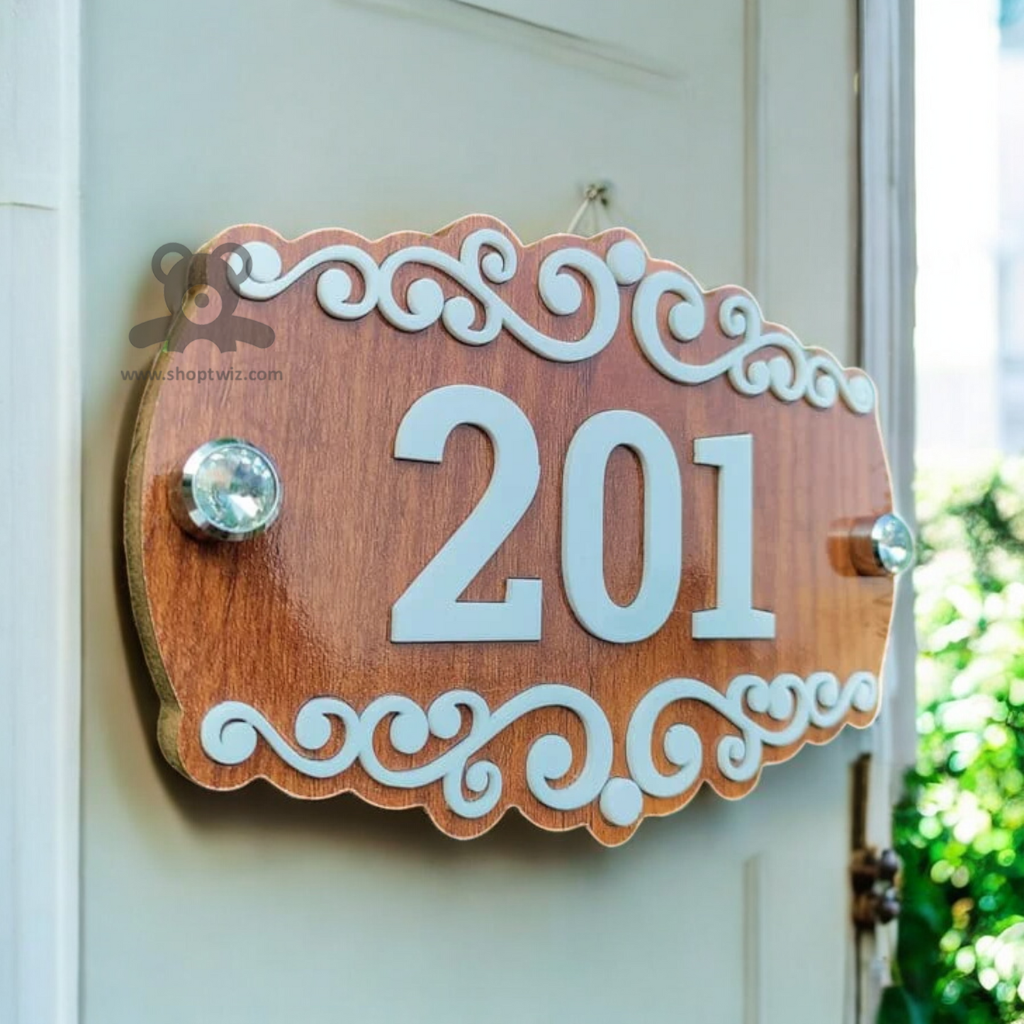 ShopTwiz Rectangle Wood Design White Design and Letter Name Plate for House and Office