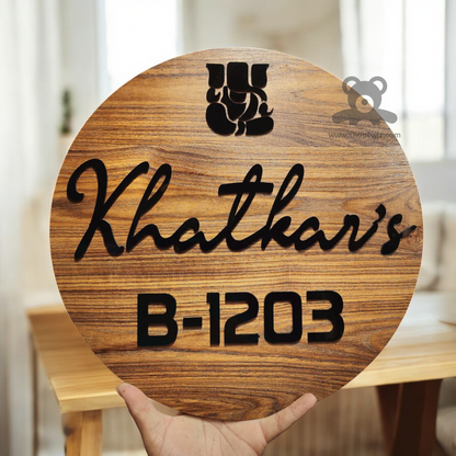ShopTwiz Circle Wood Black Letter Ganesh Name Plate for House and Office