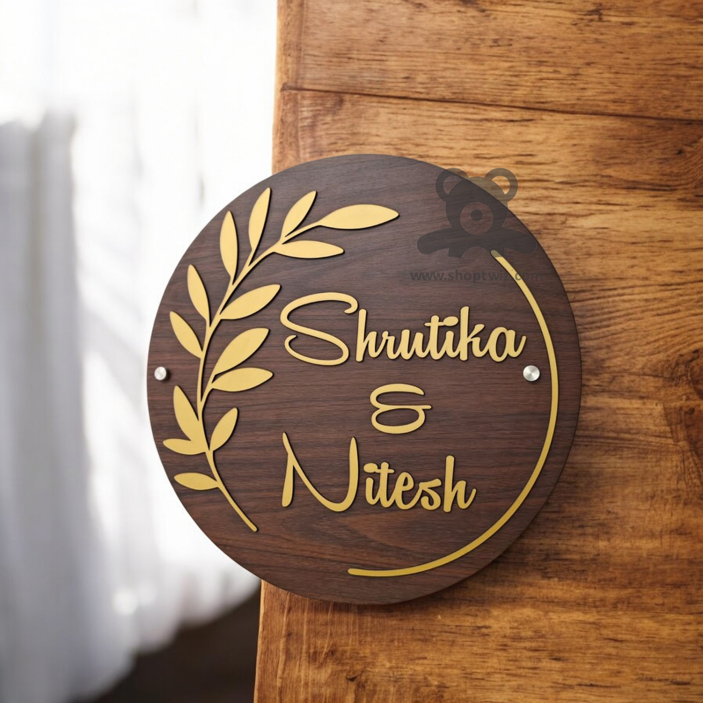 ShopTwiz Circle Wood Golden Letter And Design Name Plate for House and Office