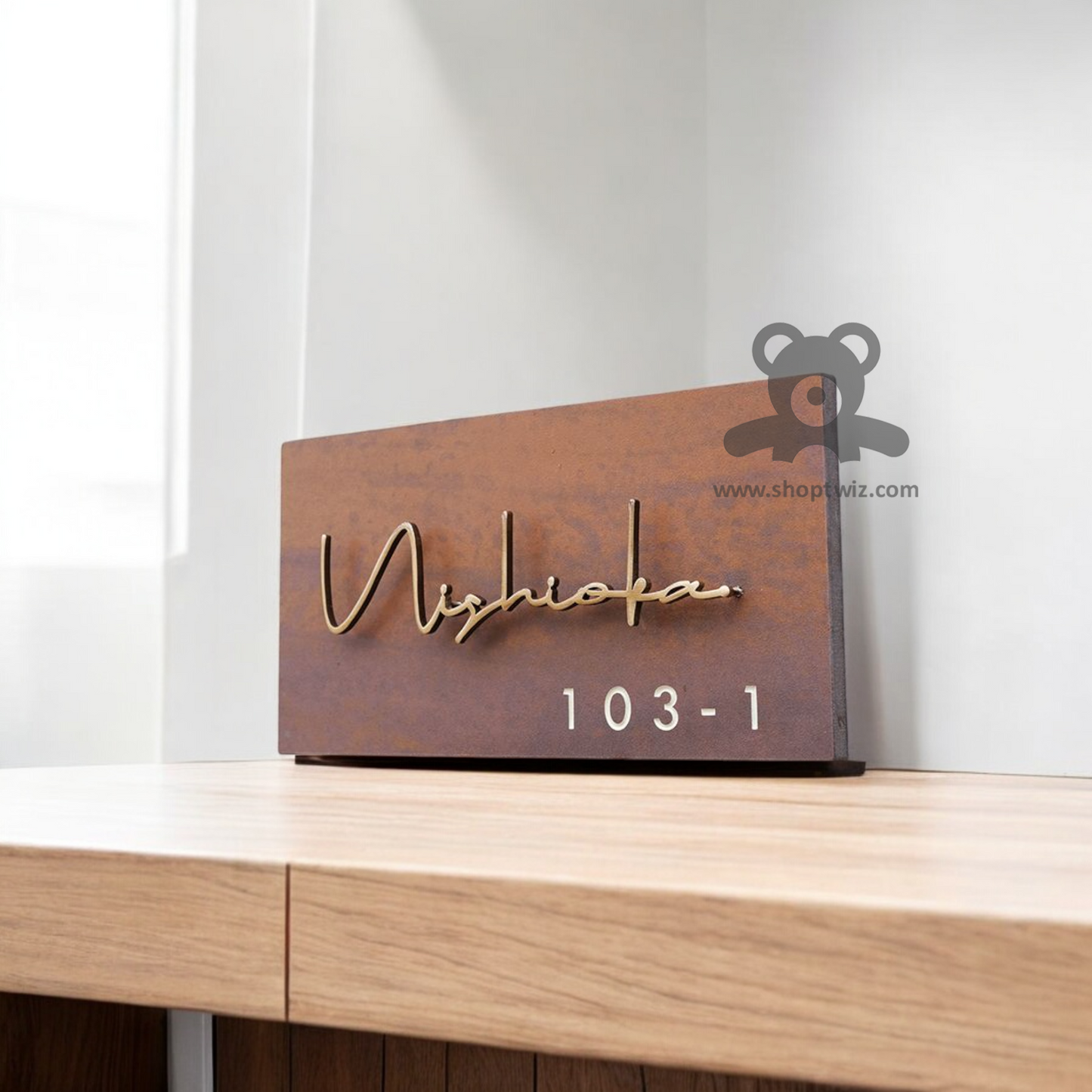 ShopTwiz Rectangle Wood Golden Letter Name Plate for House and Office