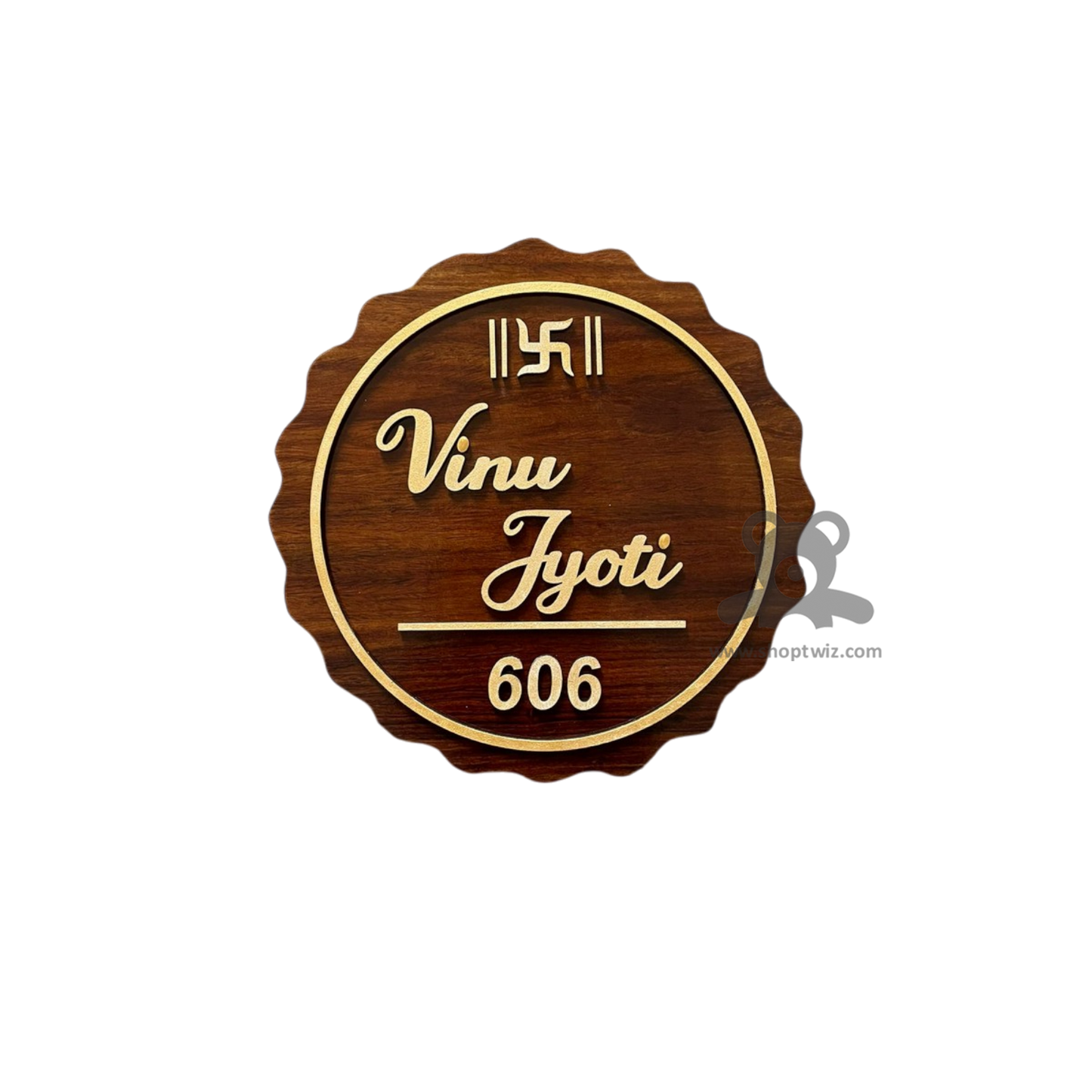 ShopTwiz Circle Wood Design Golden Letter Design Name Plate for House and Office