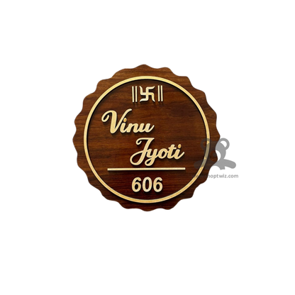 ShopTwiz Circle Wood Design Golden Letter Design Name Plate for House and Office