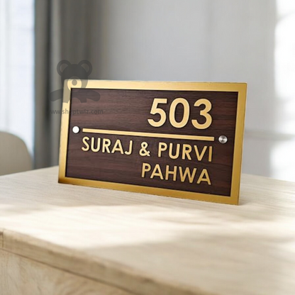 ShopTwiz Rectangle Wood Golden Border And Letter Name Plate for House and Office