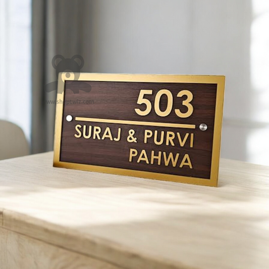 ShopTwiz Rectangle Wood Golden Border And Letter Name Plate for House and Office