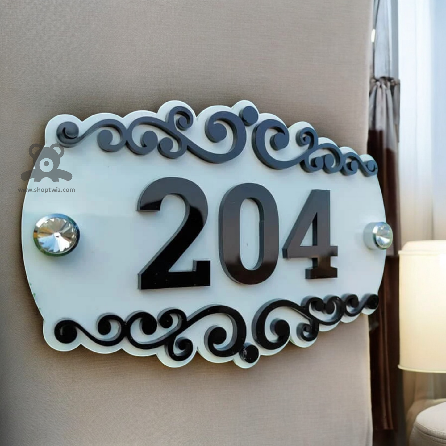 ShopTwiz Rectangle White Acrylic Black Design with Letter Name Plate for House and Office