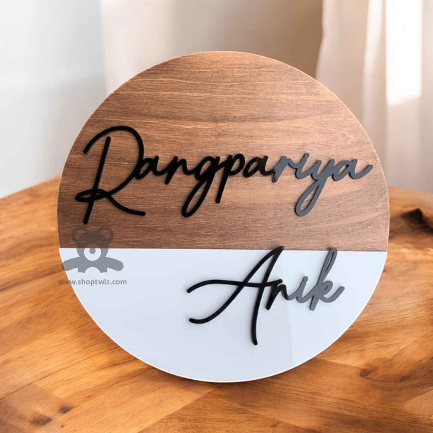 ShopTwiz Circle Wood and White Acrylic Black Letter Name Plate for House and Office