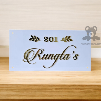 ShopTwiz Rectangle White Golden Design Letter Name Plate for House and Office