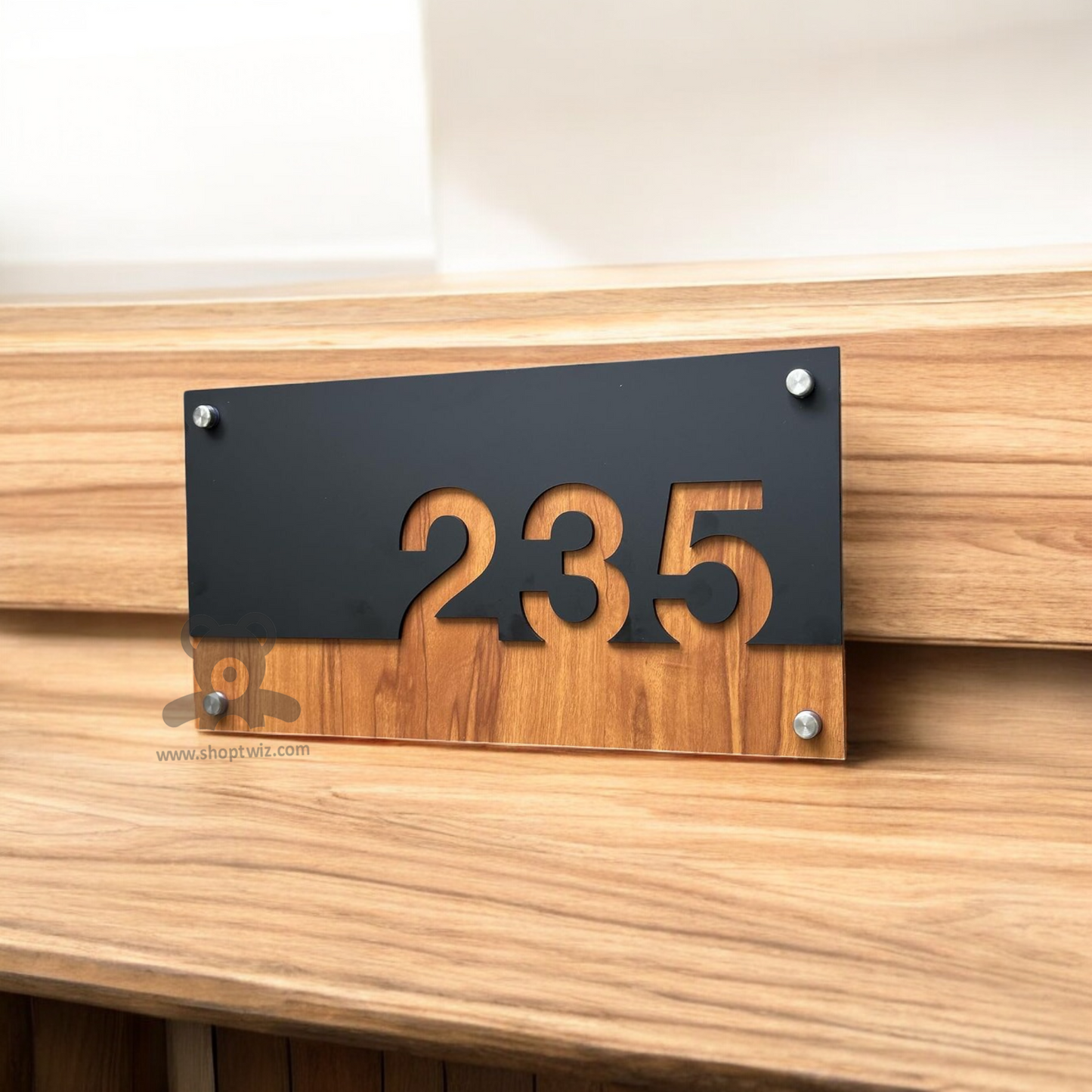 ShopTwiz Rectangle Wood And Black Acrylic Name Plate for House and Office