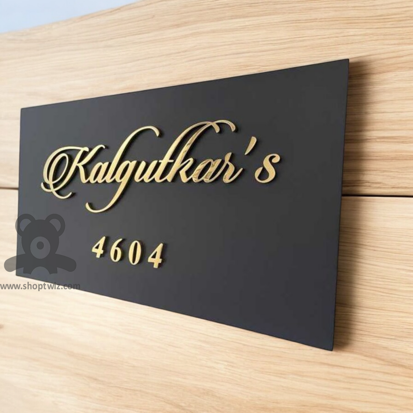 ShopTwiz Rectangle Wood Golden Letter Name Plate for House and Office