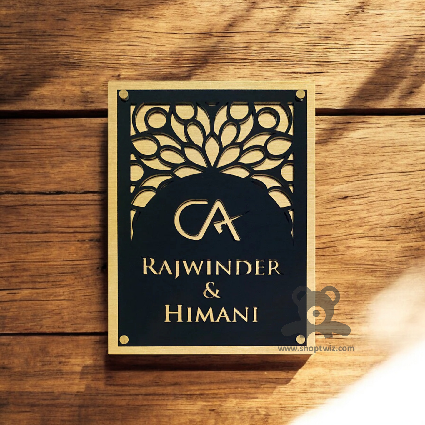 ShopTwiz Rectangle Golden And Black Acrylic Name Plate for House and Office