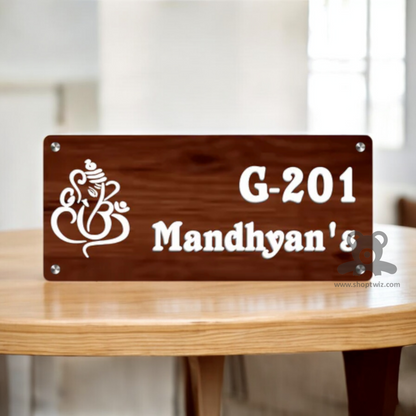 ShopTwiz Rectangle Wood White Letter Ganesh Name Plate for House and Office