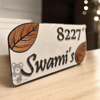 ShopTwiz Rectangle White Black Letter Brown Design Name Plate for House and Office