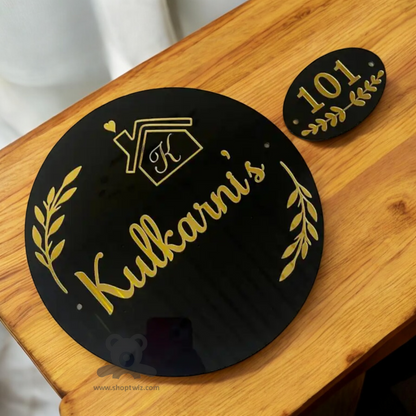 ShopTwiz Circle Black Golden Design and Letter Name Plate for House and Office