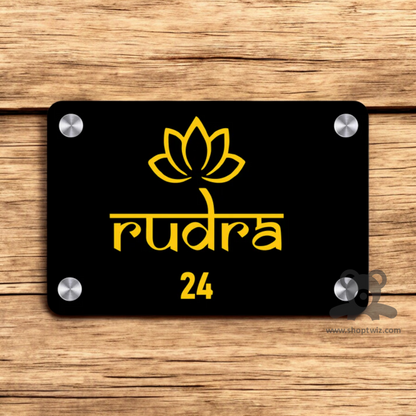 ShopTwiz Rectangle Black Golden Letter Lotus Name Plate for House and Office