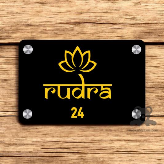 ShopTwiz Rectangle Black Golden Letter Lotus Name Plate for House and Office