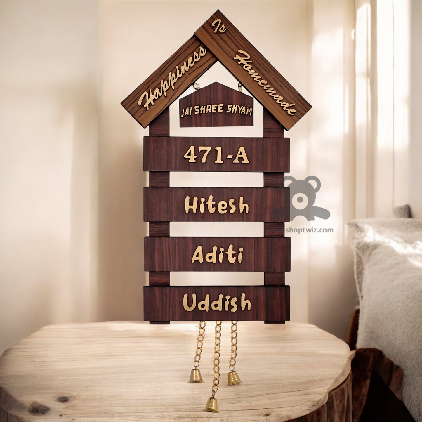 ShopTwiz Rectangle House Wood with Golden Letter Name Plate for House and Office