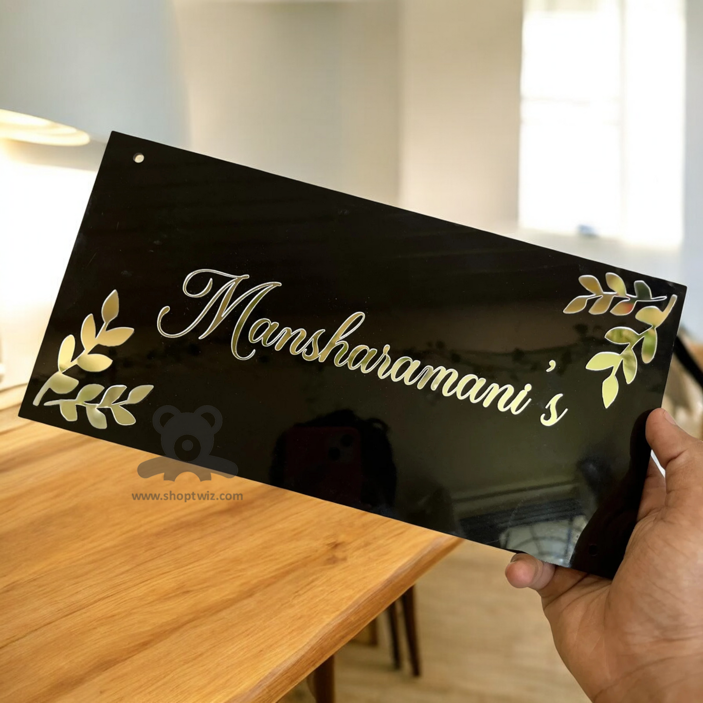 ShopTwiz Rectangle Black Golden Design and Letter Name Plate for House and Office