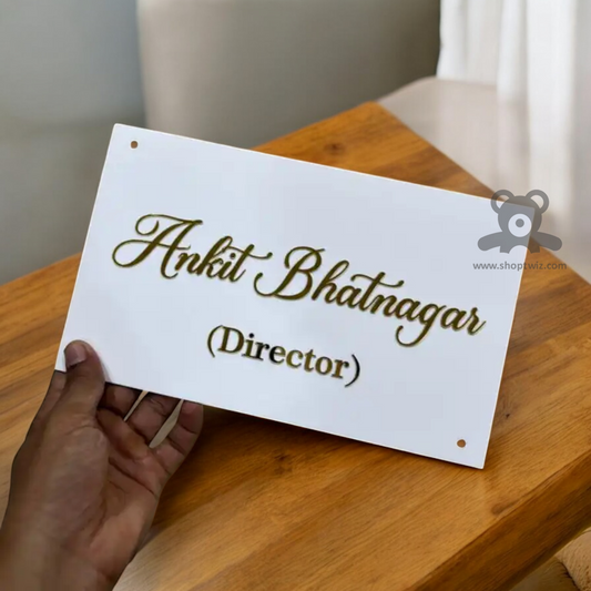 ShopTwiz Rectangle White Golden Letter Name Plate for House and Office