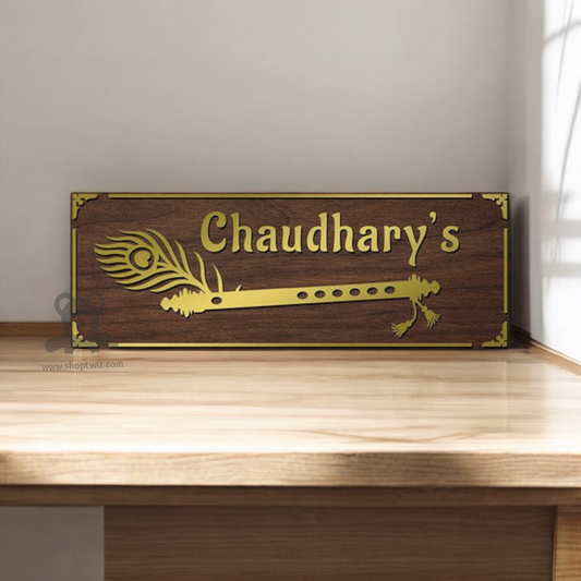 ShopTwiz Rectangle Wood Golden Letter And Design Basuri Name Plate for House and Office