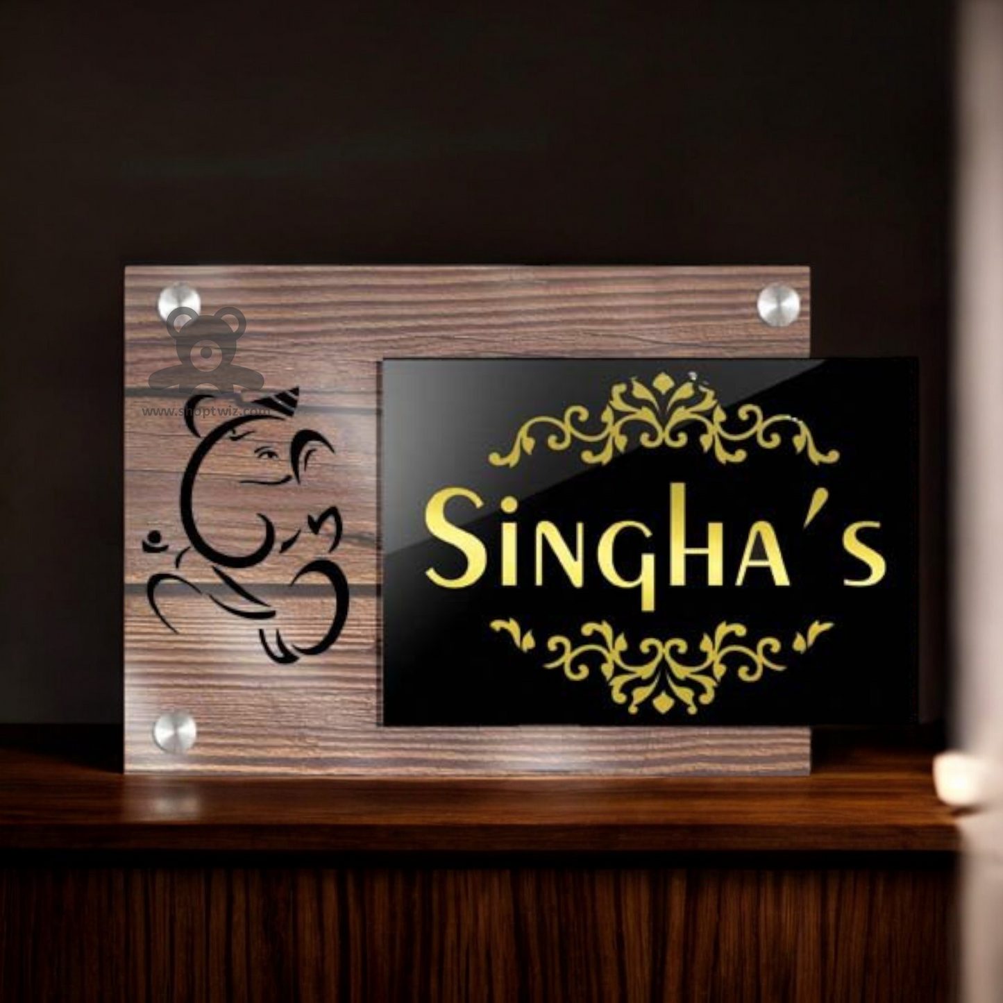 ShopTwiz Square Black Golden Letter And Design Name Plate for House and Office