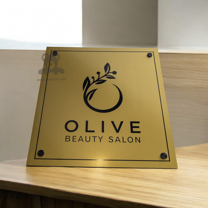 ShopTwiz Square Golden Acrylic Black Letter And Design Name Plate for House and Office