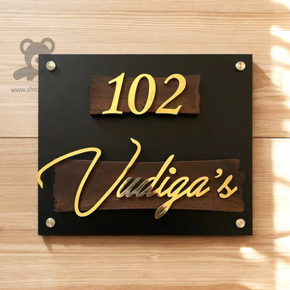 ShopTwiz Square Black Acrylic And Wood Golden Letter Name Plate for House and Office