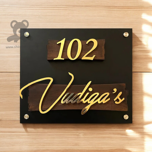 ShopTwiz Square Black Acrylic And Wood Golden Letter Name Plate for House and Office