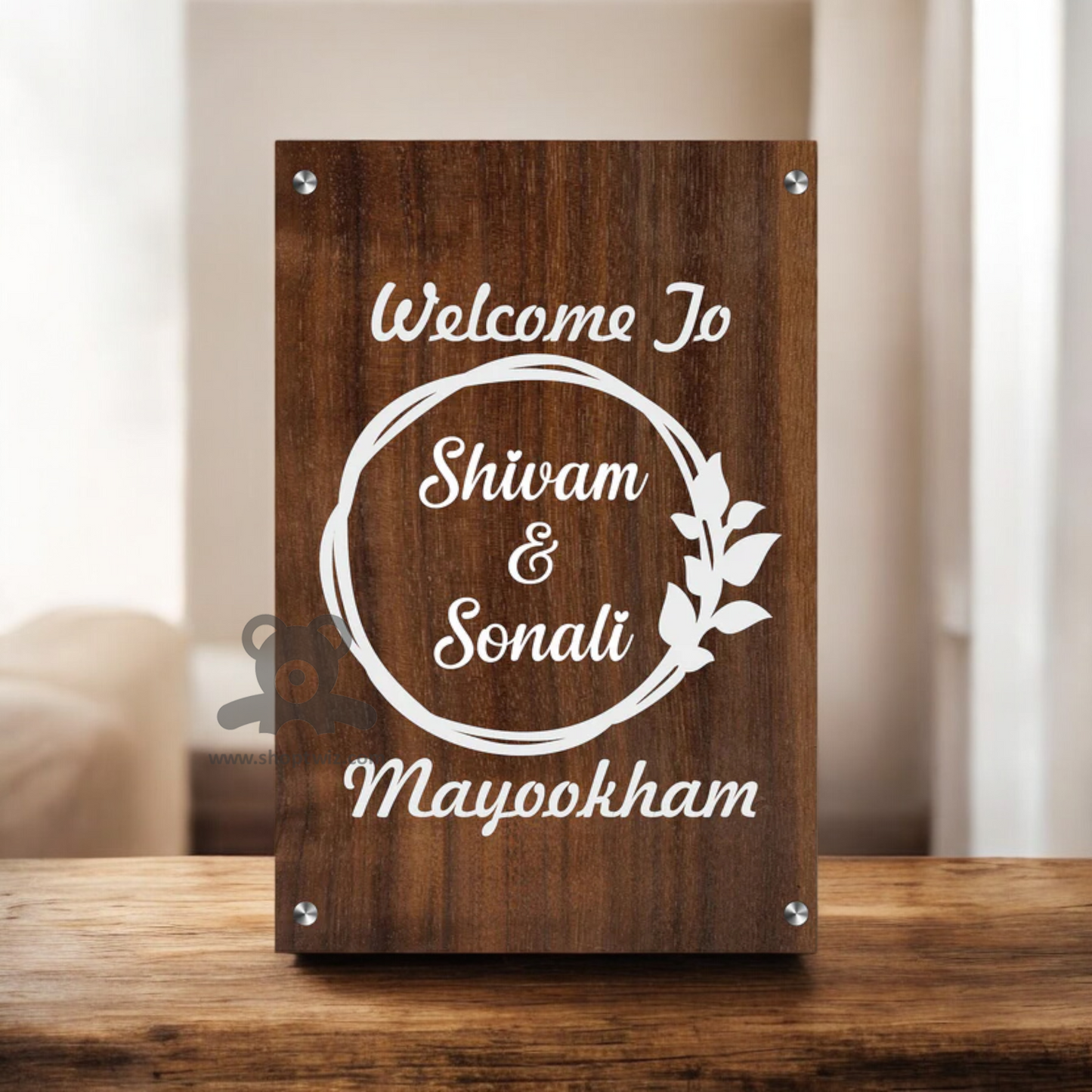 ShopTwiz Rectangle Wood White Letter and Design Name Plate for House and Office