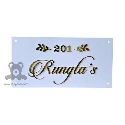 ShopTwiz Rectangle White Golden Design Letter Name Plate for House and Office