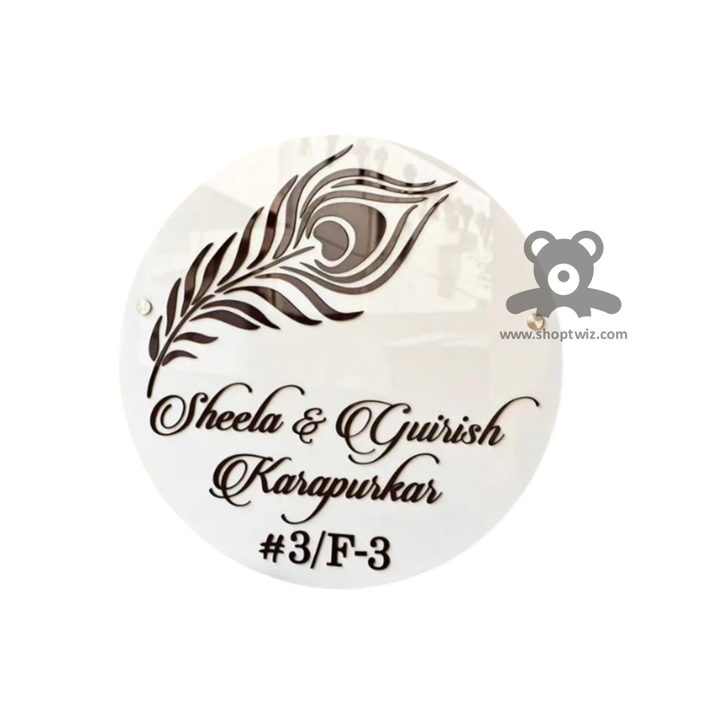 ShopTwiz Circle White Black Letter And Peacock Feather Name Plate for House and Office