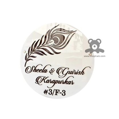 ShopTwiz Circle White Black Letter And Peacock Feather Name Plate for House and Office