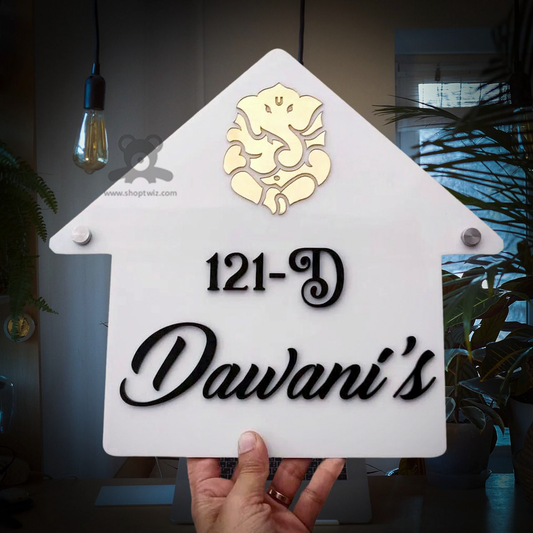 ShopTwiz Home Shape White Acrylic And Black Letter Ganesh Name Plate for House and Office