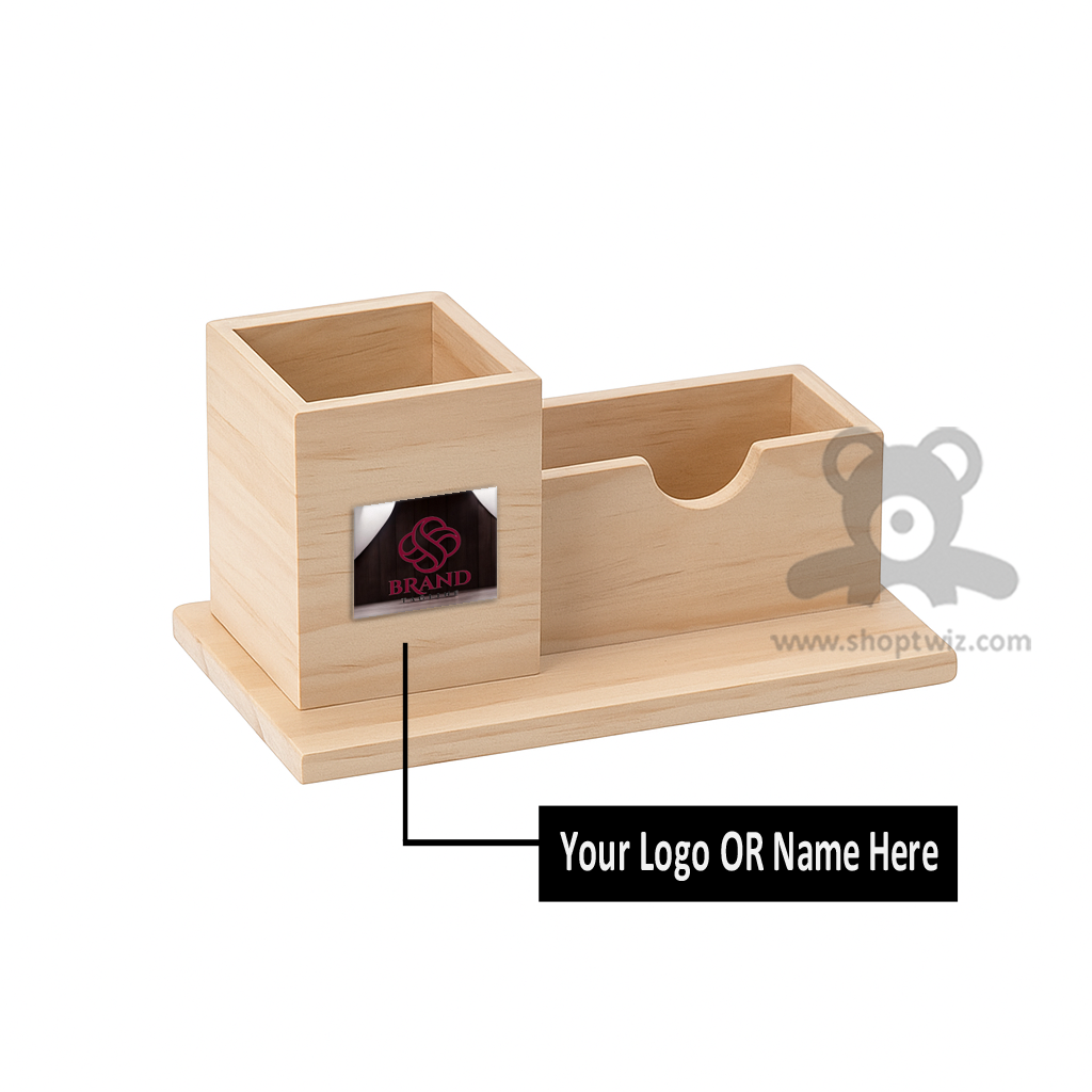 ShopTwiz Customized Wooden Pen Holder – 2 Compartments | Personalize with Logo or Name | Elegant Corporate Gift