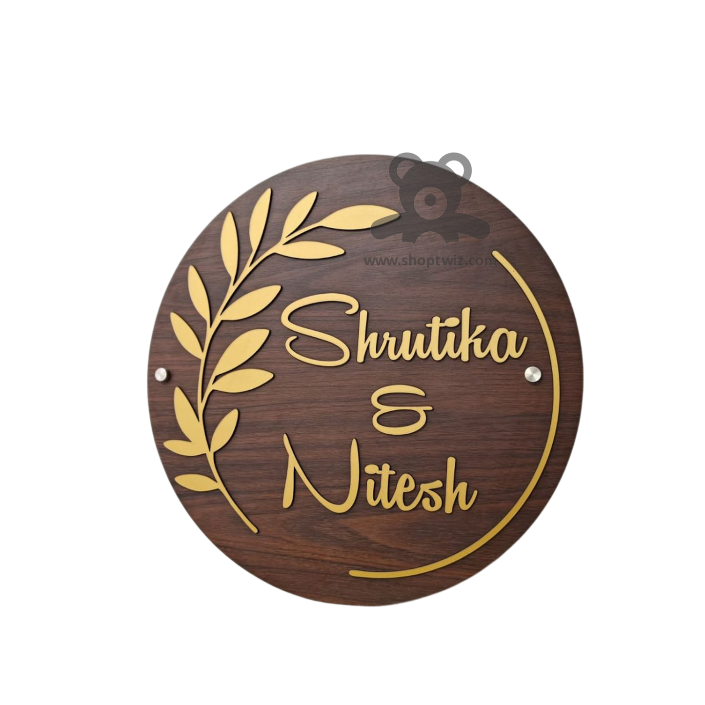 ShopTwiz Circle Wood Golden Letter And Design Name Plate for House and Office