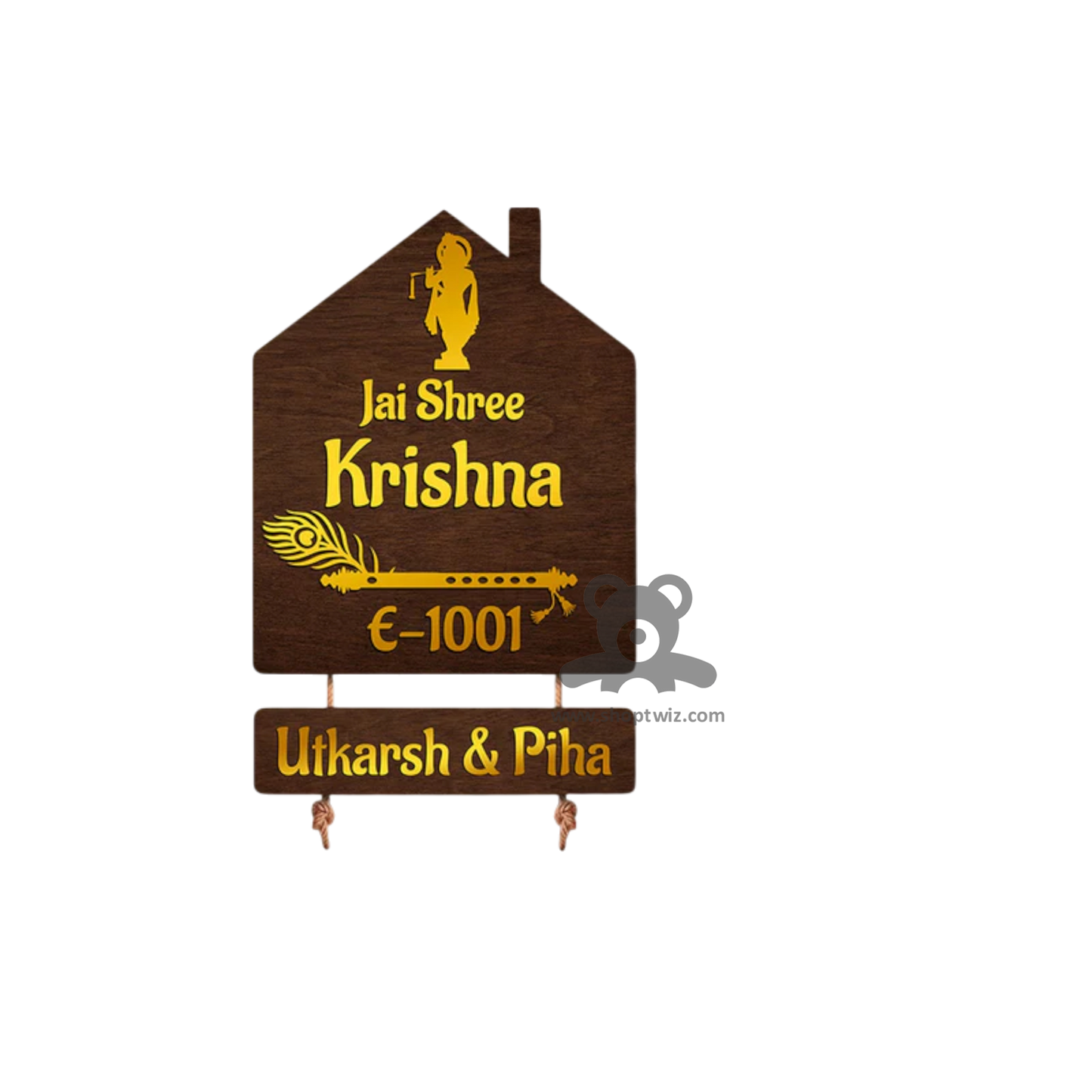 ShopTwiz House Wood Golden Krishna And Letter Name Plate for House and Office