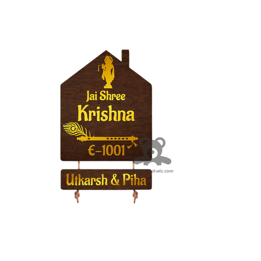 ShopTwiz House Wood Golden Krishna And Letter Name Plate for House and Office