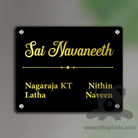 ShopTwiz Square Black Acrylic And Golden Letter Name Plate for House and Office