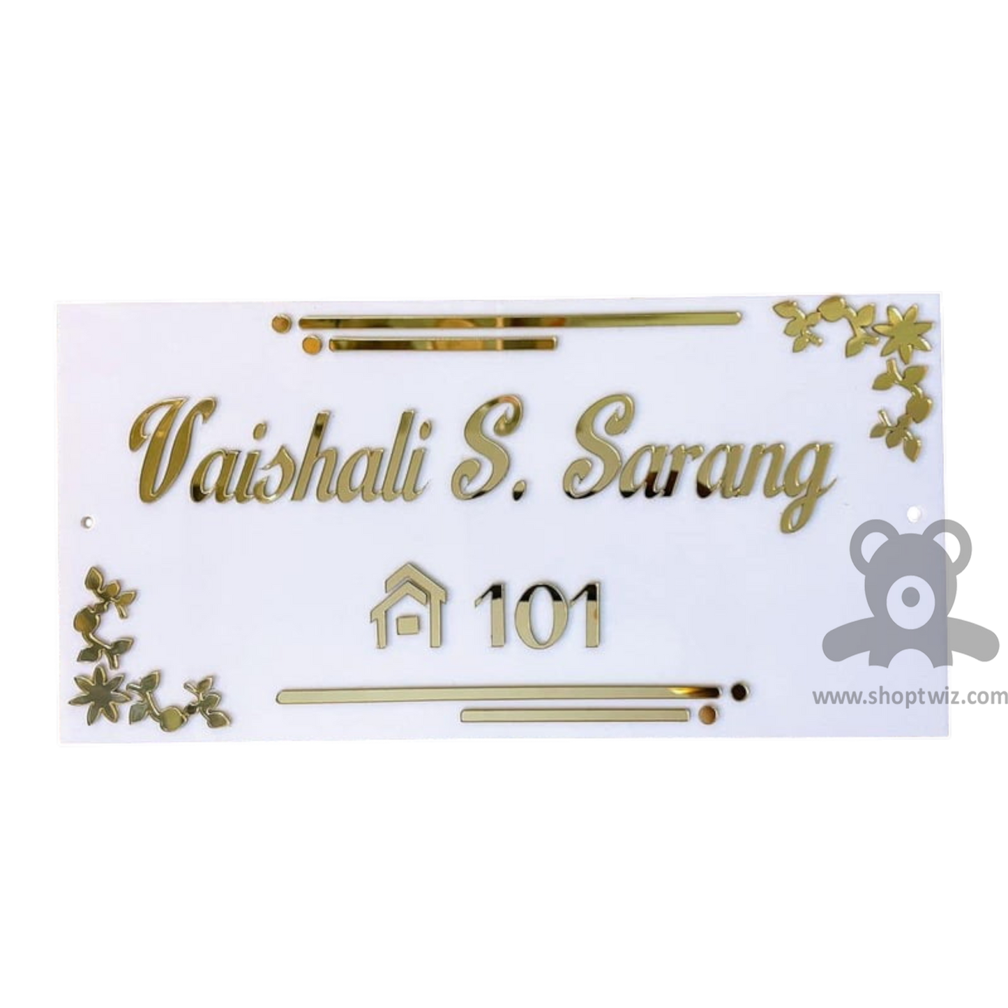 ShopTwiz Rectangle White Acrylic Golden Letter Design Name Plate for House and Office