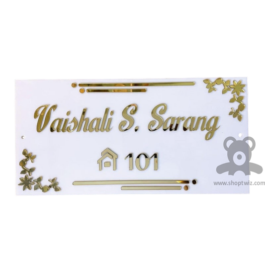 ShopTwiz Rectangle White Acrylic Golden Letter Design Name Plate for House and Office