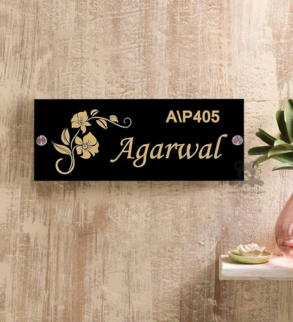 ShopTwiz Rectangle Black Acrylic Golden Letter Flower Name Plate for House and Office
