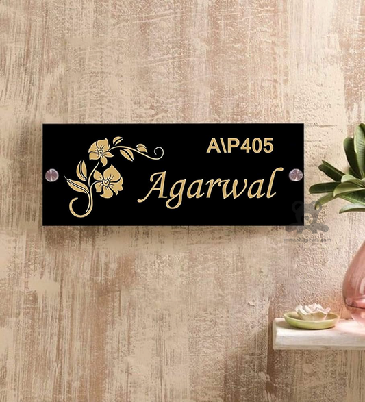 ShopTwiz Rectangle Black Acrylic Golden Letter Flower Name Plate for House and Office