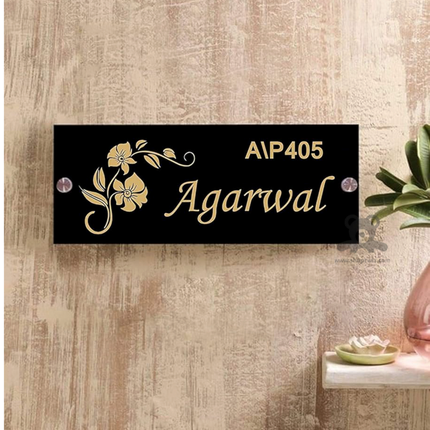 ShopTwiz Rectangle Black Acrylic Golden Letter Flower Name Plate for House and Office