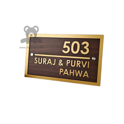 ShopTwiz Rectangle Wood Golden Border And Letter Name Plate for House and Office