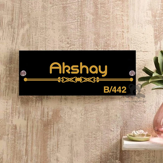 ShopTwiz Rectangle Black Acrylic Golden Letter Name Plate for House and Office