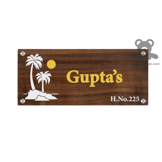 ShopTwiz Rectangle Wood White Tree And Golden Letter Name Plate for House and Office