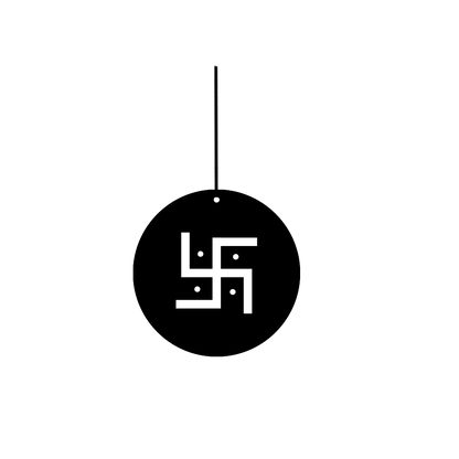 Black circle with a white swastika symbol on a white background