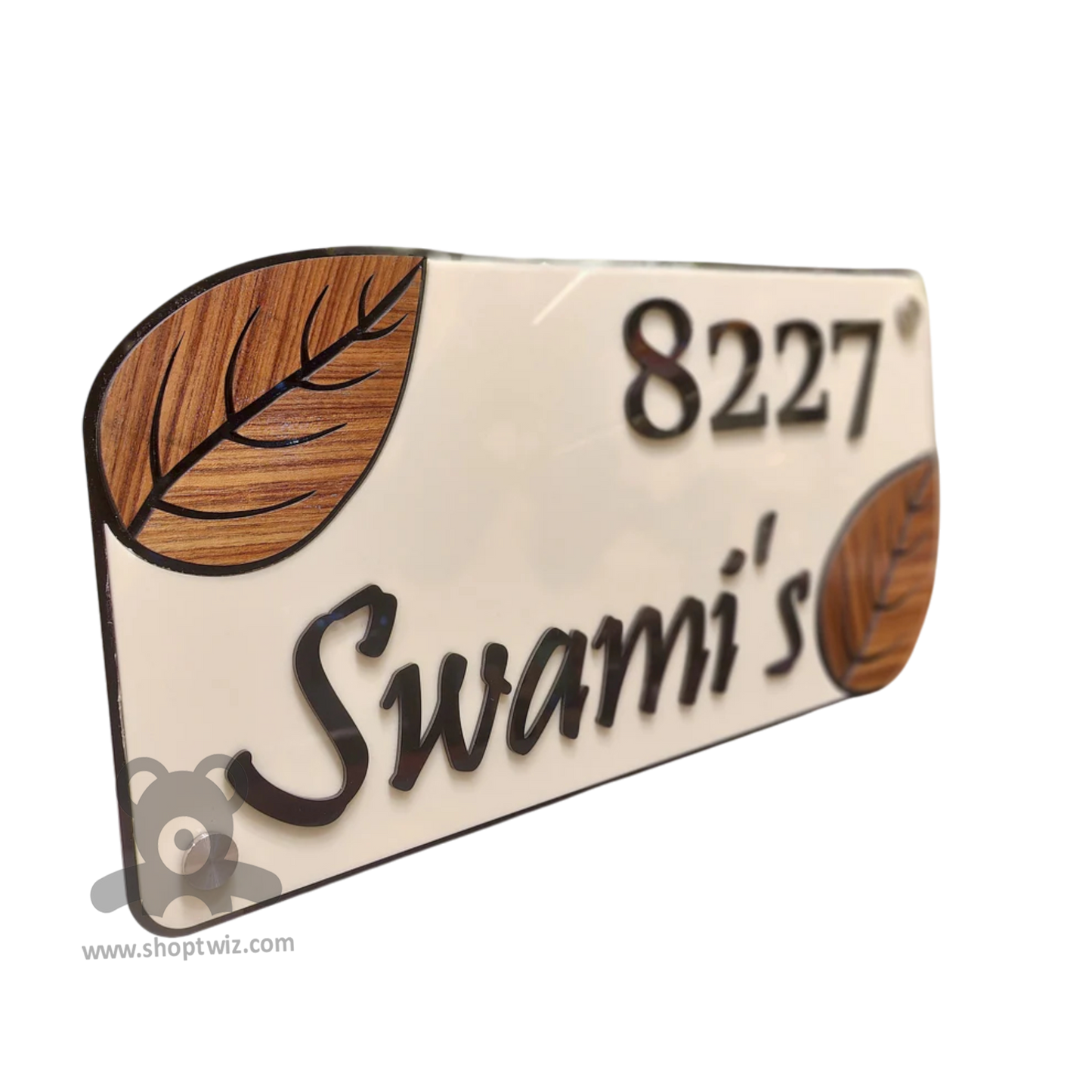 ShopTwiz Rectangle White Black Letter Brown Design Name Plate for House and Office
