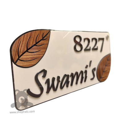 ShopTwiz Rectangle White Black Letter Brown Design Name Plate for House and Office