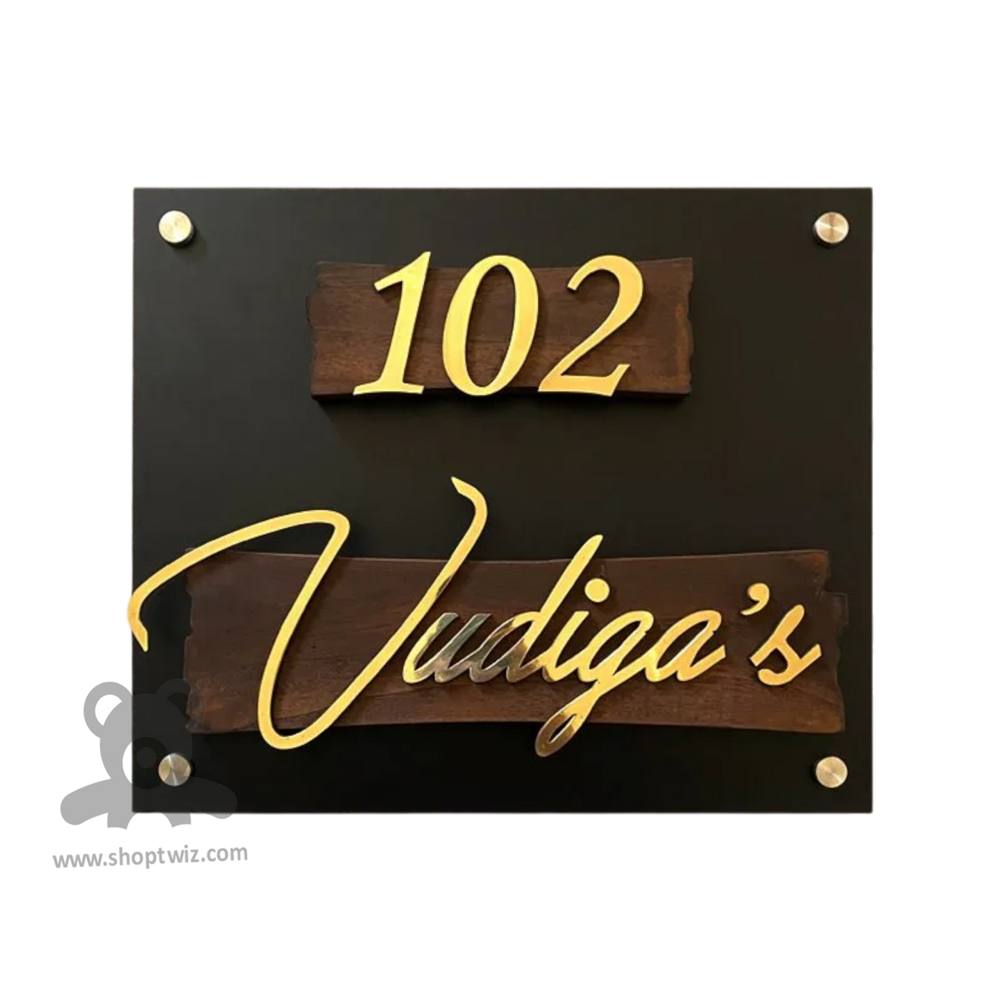 ShopTwiz Square Black Acrylic And Wood Golden Letter Name Plate for House and Office