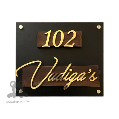 ShopTwiz Square Black Acrylic And Wood Golden Letter Name Plate for House and Office